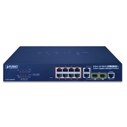 Commutateur Planet FGSD-1008HPS 8x 100Mb 2x RJ-45/SFP 120 W PoE+