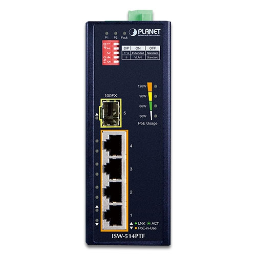 Commutateur Planet ISW-514PTF 4x 100Mb 1x 100Mbps SFP 120 W PoE+